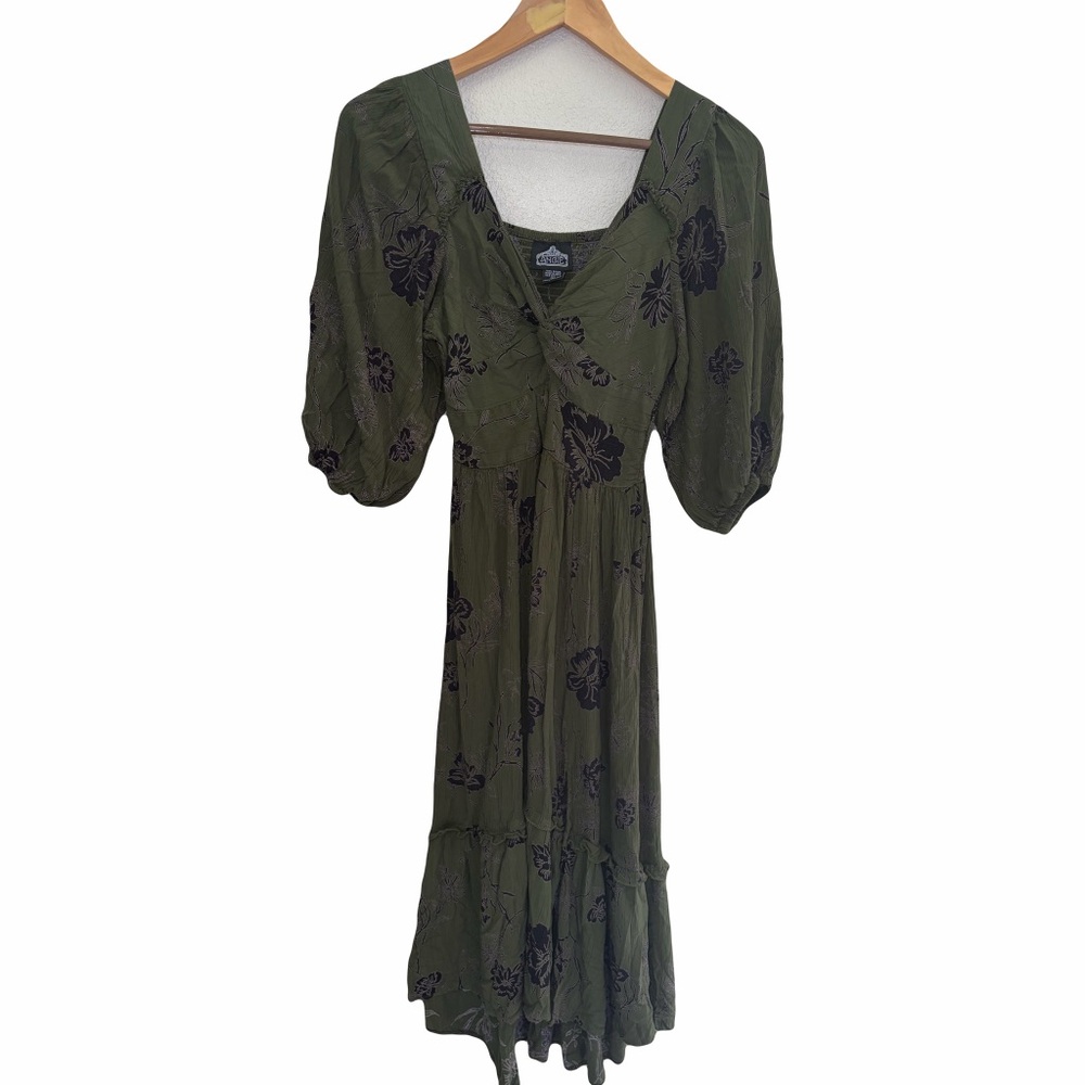 Angie Olive Green Floral High-Low Maxi Dress With Cutout Side Slit Large Boho
